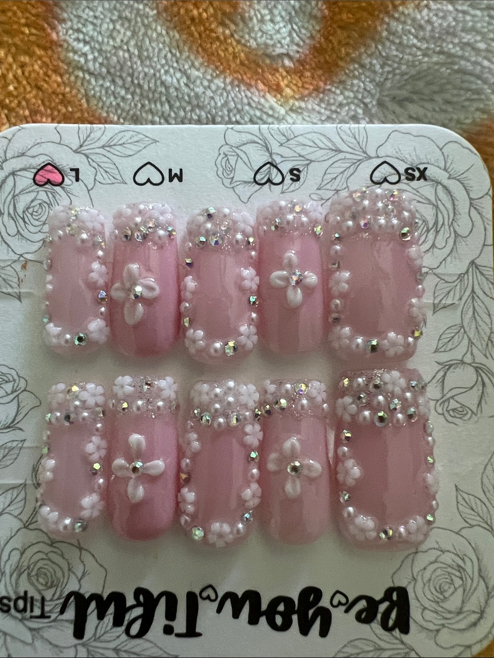 Pink 3D Floral Rhinestone Press-On Nails